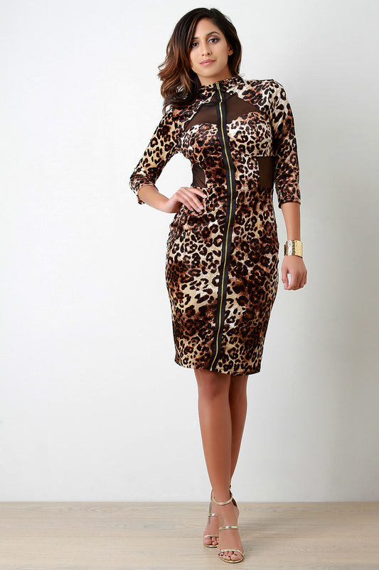Velvet Wild Cat Mesh Panel Bodycon Dress