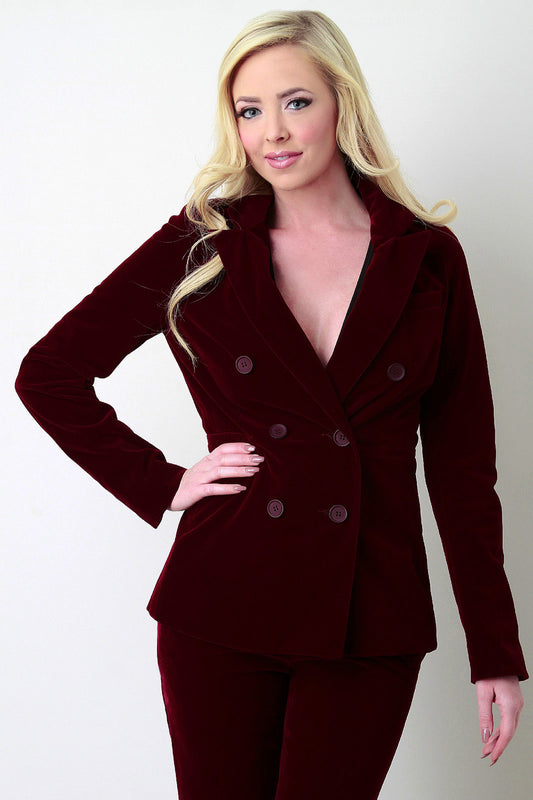 Velvet Double Button Faux Pocket Blazer