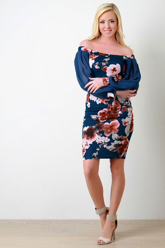 Blossom Print Off-The-Shoulder Cuff Sleeves Dress