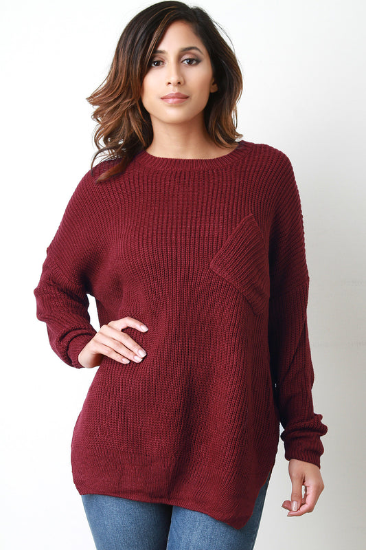 Ribbed Knit Asymmetrical Pocket Sweater Top