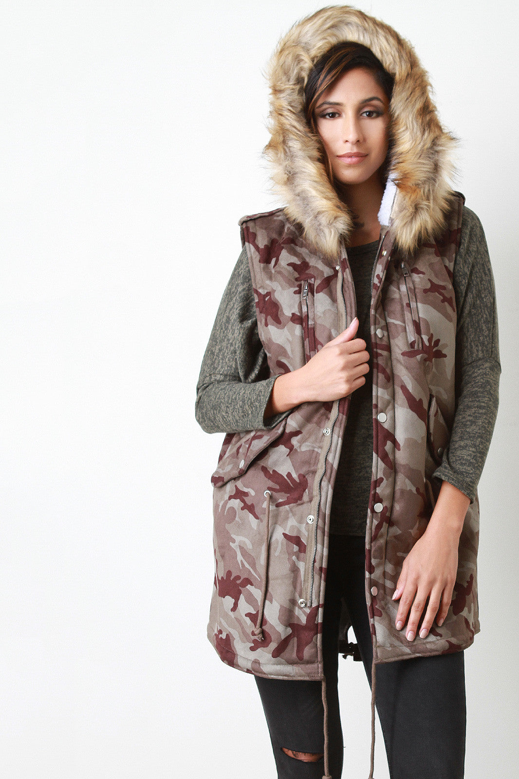 Camouflage Fur Trim Hooded Vest