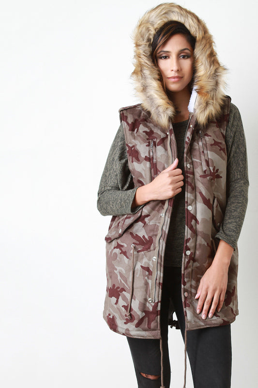 Camouflage Fur Trim Hooded Vest