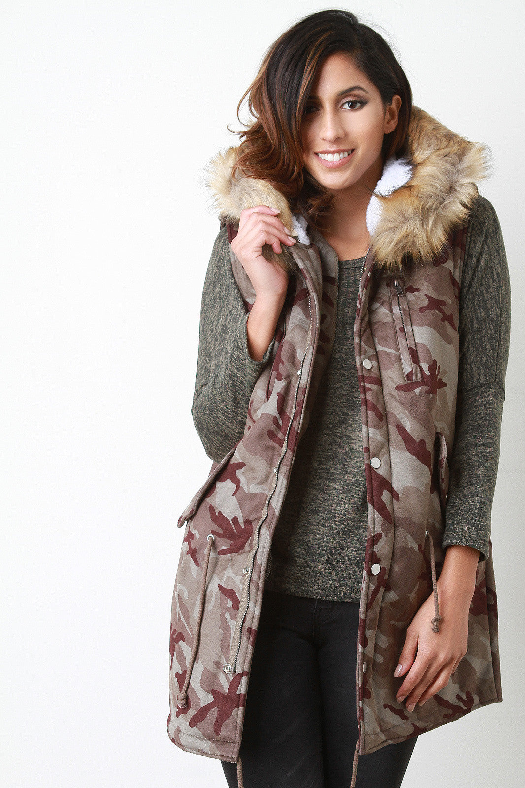 Camouflage Fur Trim Hooded Vest