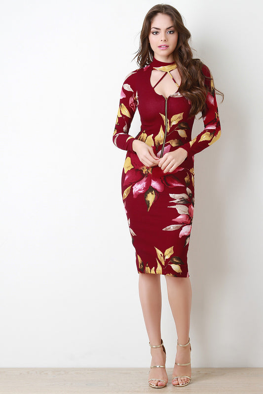 Floral Choker Zip Up Bodycon Dress