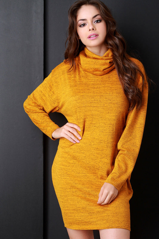 Cowl Neck Marled Knit Back Cutout Sweater Dress