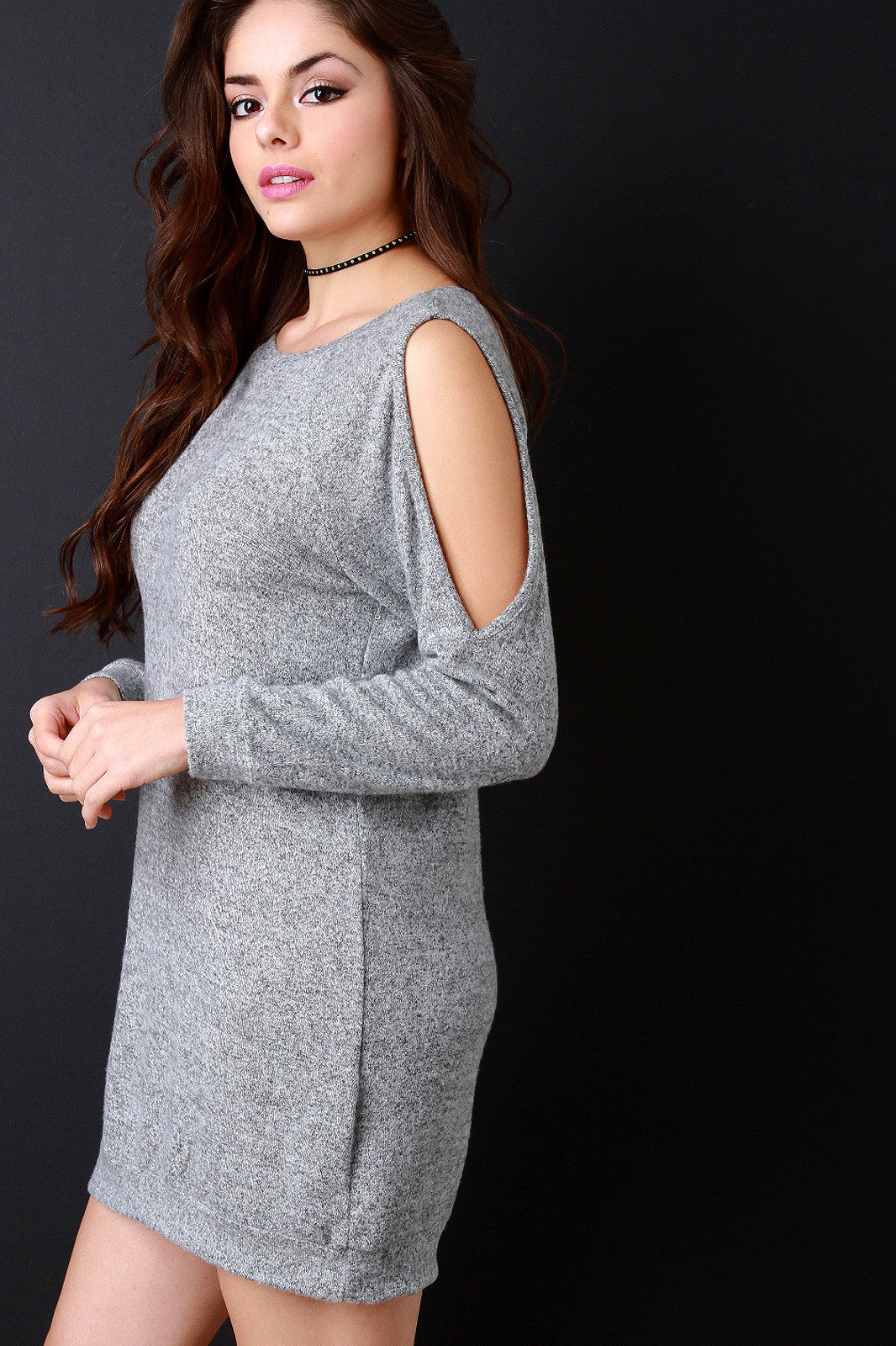 Brushed Marl Knit Cold Shoulder Sweater Dress