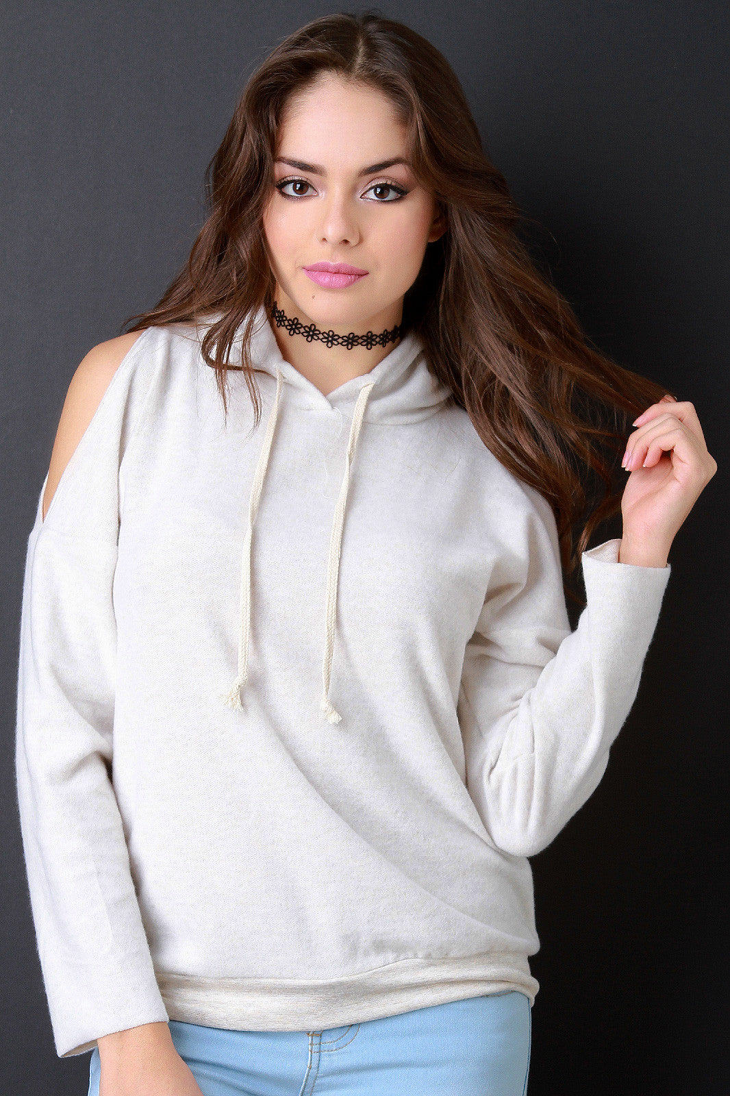Brushed Soft Knit Cold Shoulder Hooded Sweater
