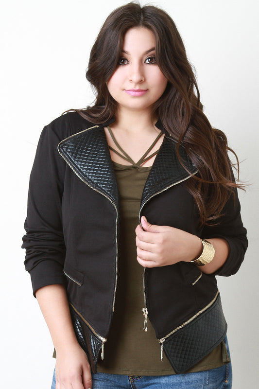 Quilted Faux Leather Trim Zipper Jacket