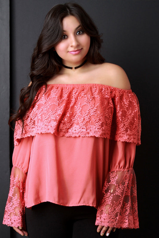 Crochet Mesh Chiffon Off-The-Shoulder Long Sleeve Top