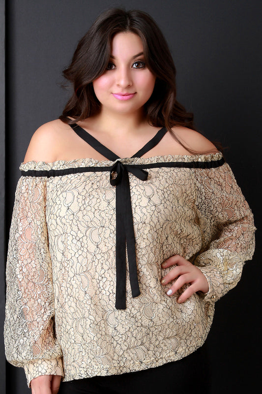 Lace Contrast Off-The-Shoulder Long Sleeves Top