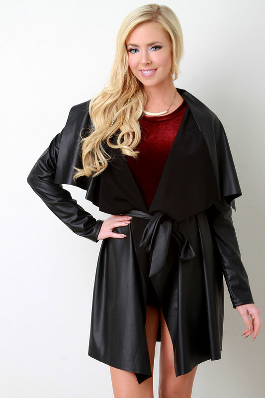 Vegan Leather Open Front Drape Self-Tie Cardigan