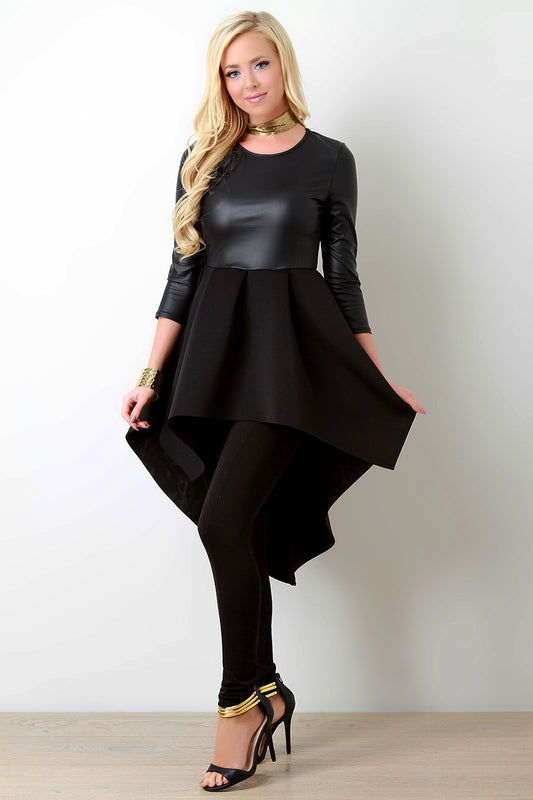 Vegan Leather and Scuba Pleated High-Low Top