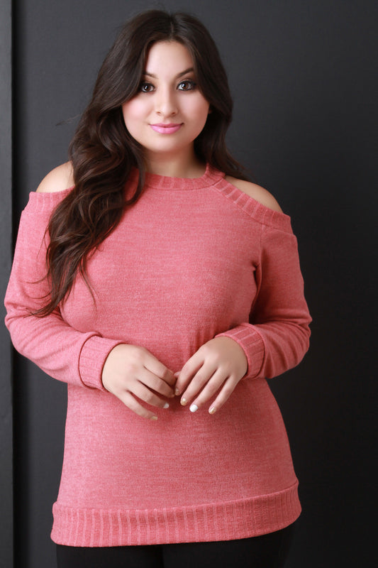 Cold Shoulder Rib Knit Trim Sweater