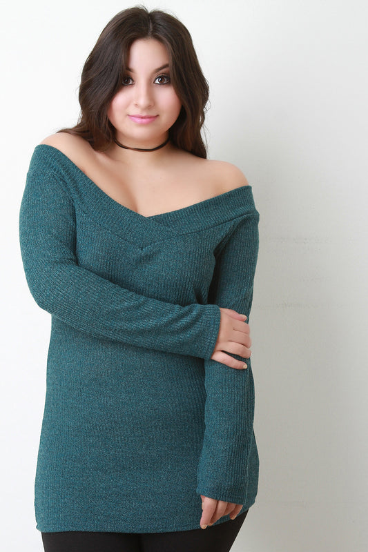 Off The Shoulder V Neck Rib Knit Sweater