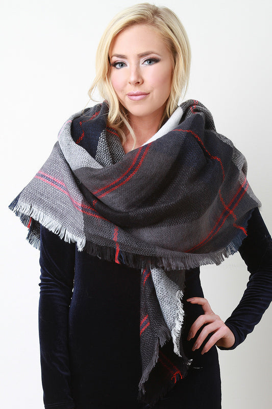 Woven Plaid Fringe Hem Blanket Scarf
