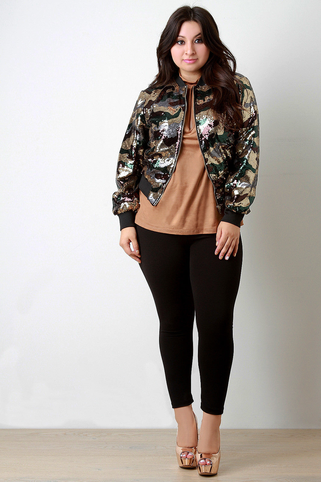 Camo Sequin Rib Knit Trim Bomber Jacket