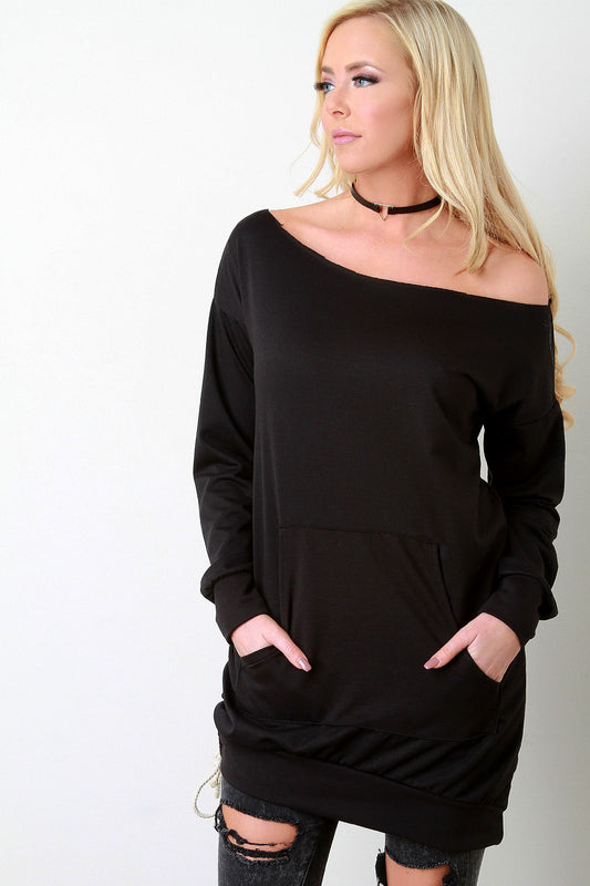 One-Shoulder Raw Trim Side String Sweatshirt