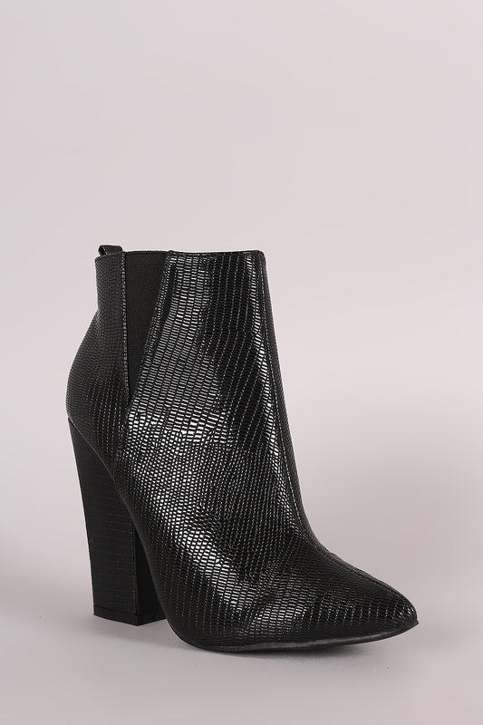 Snake Embossed Pointy Toe Chunky Heeled Booties