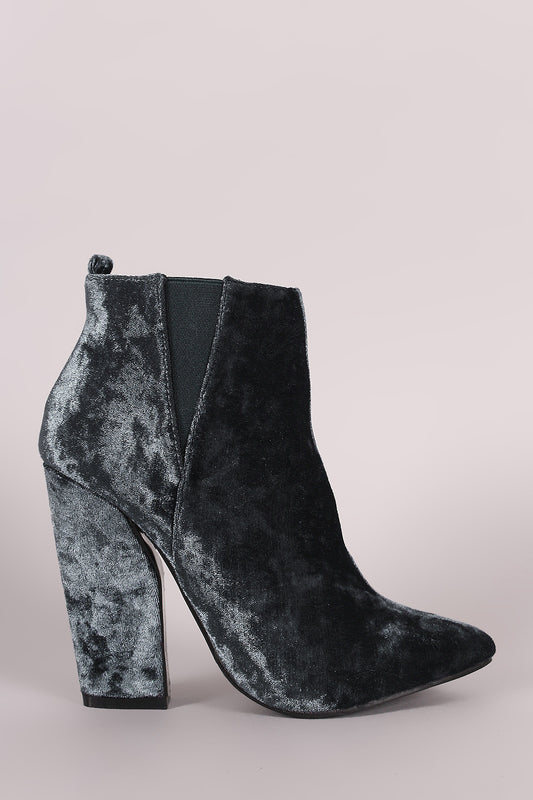 Crushed Velvet Pointy Toe Chunky Heeled Booties