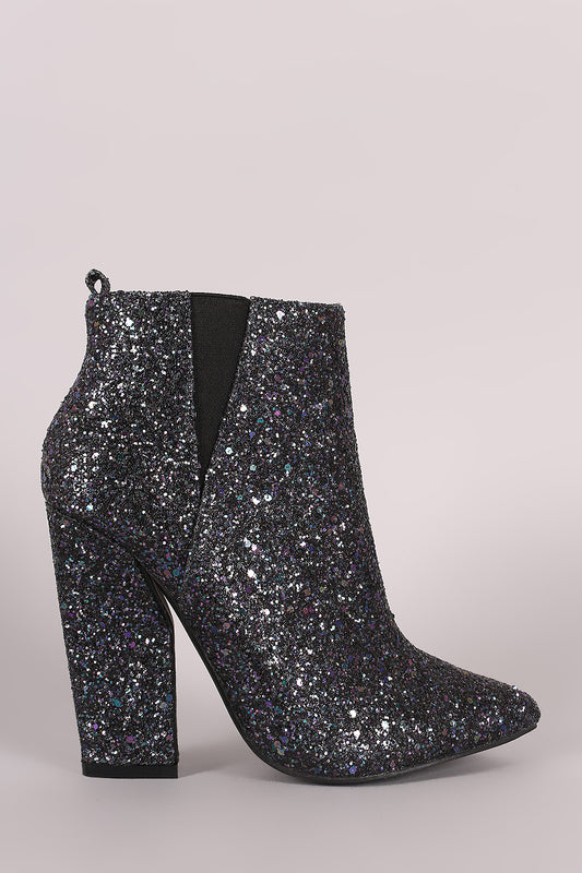 Glitter Encrusted Pointy Toe Chunky Heeled Booties