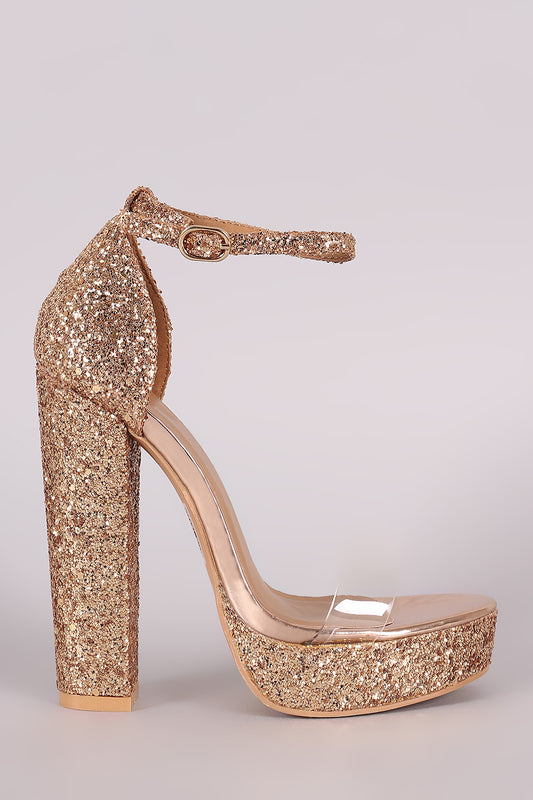 Glitter Encrusted Lucite Band Chunky Platform Heel