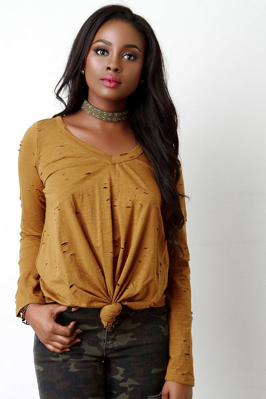 Distressed Tie-Knot Long Sleeve Top