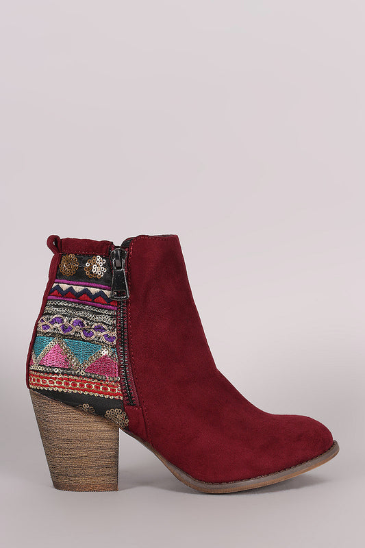 Suede Embroidered Sequin Chunky Heeled Western Booties