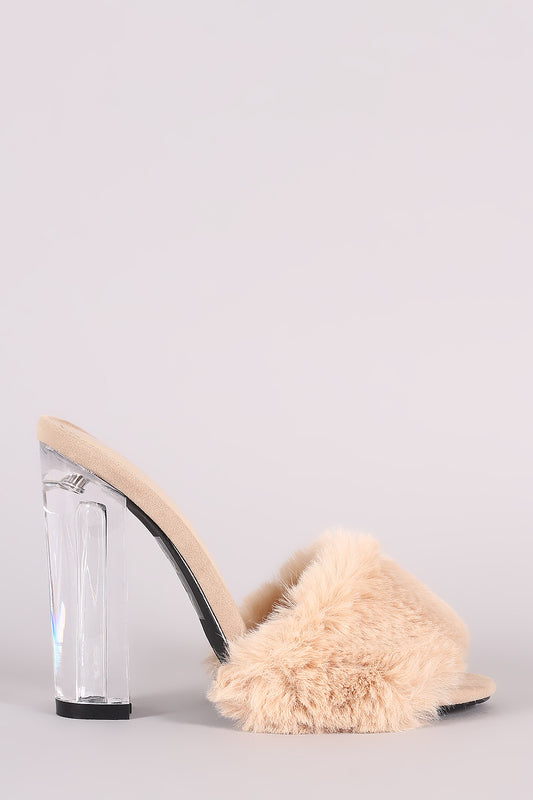 Shoe Republic LA Fluffy Fur Lucite Chunky Dress Heel