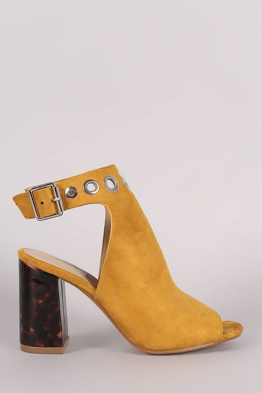 Suede Grommet Ankle Strap Marble Chunky Mule Heel