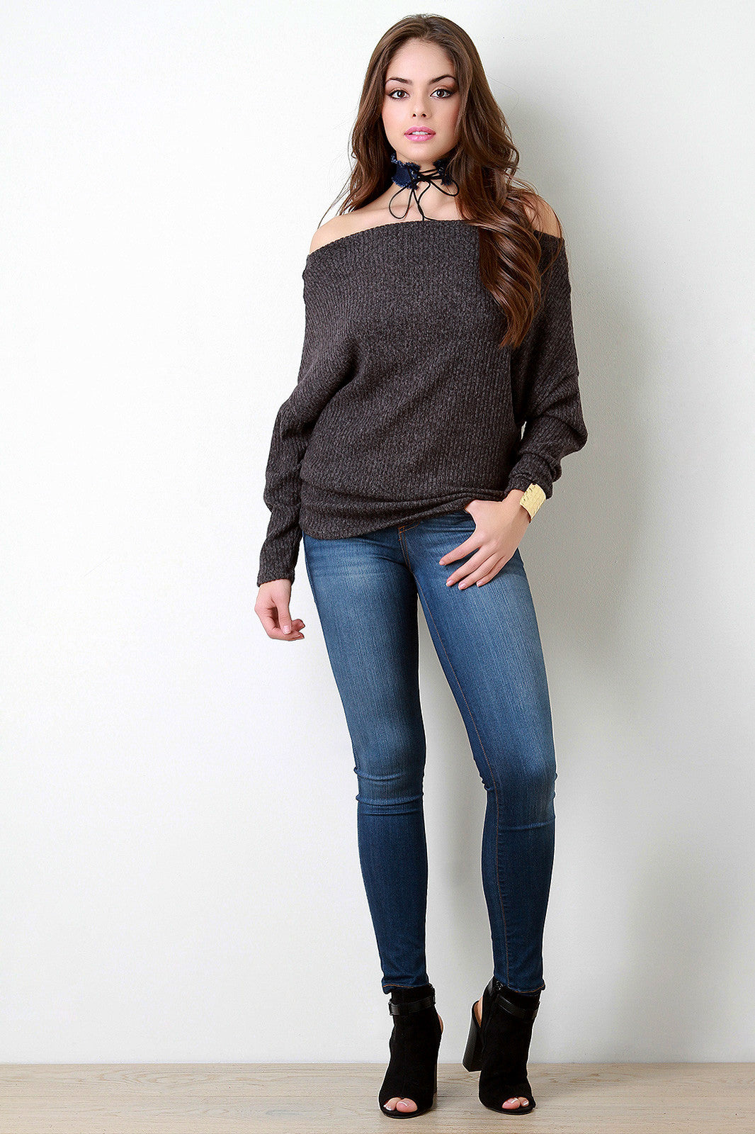 Brushed Rib Knit Off-The-Shoulder Long Sleeve Top