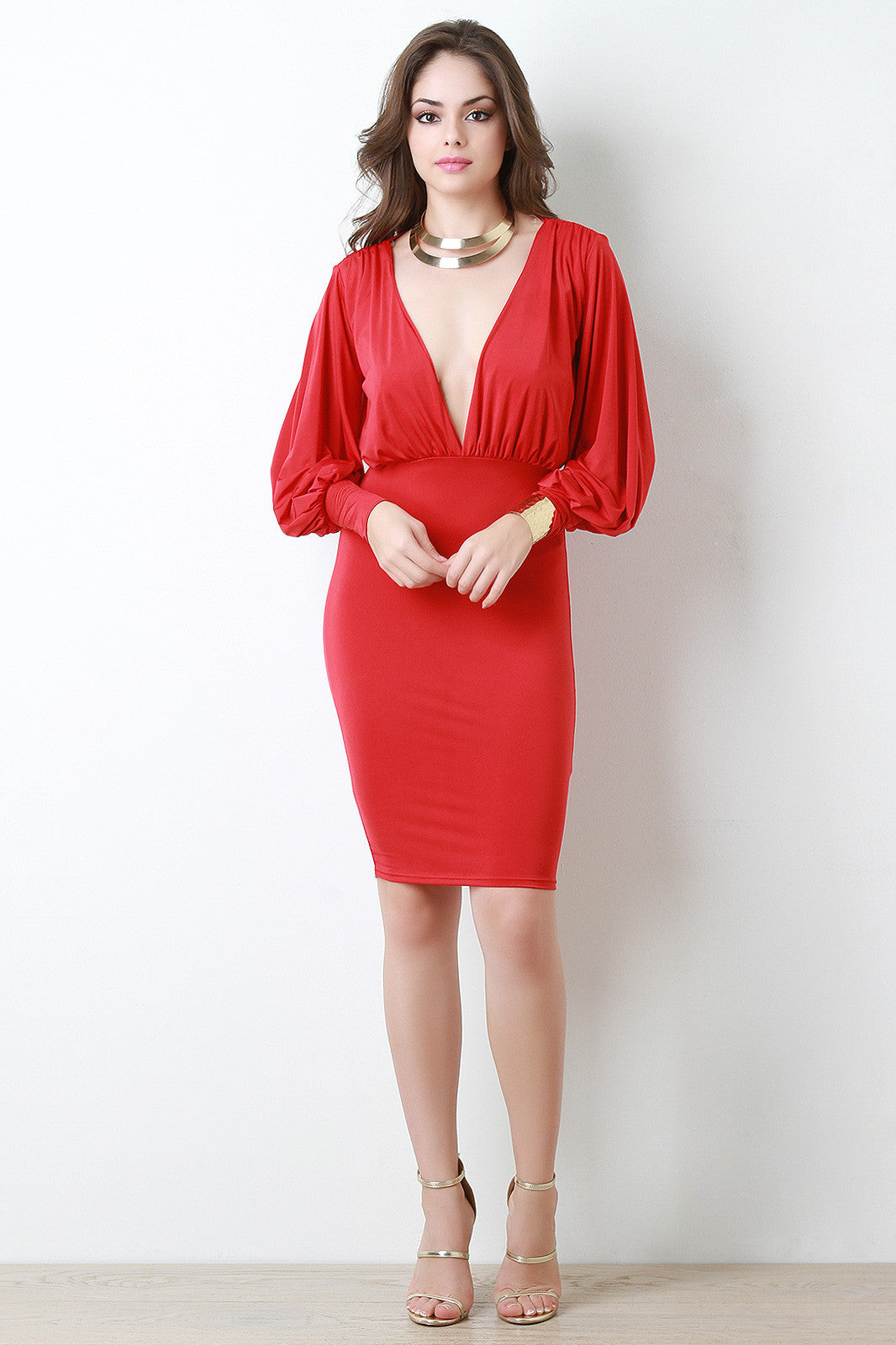 Bishop Sleeves V-Neck Dress