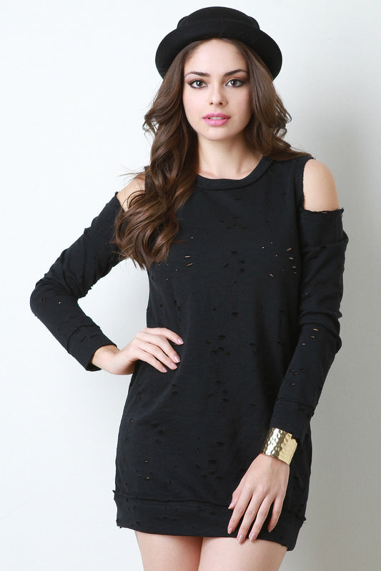Distress Cold Shoulder French Terry Dress