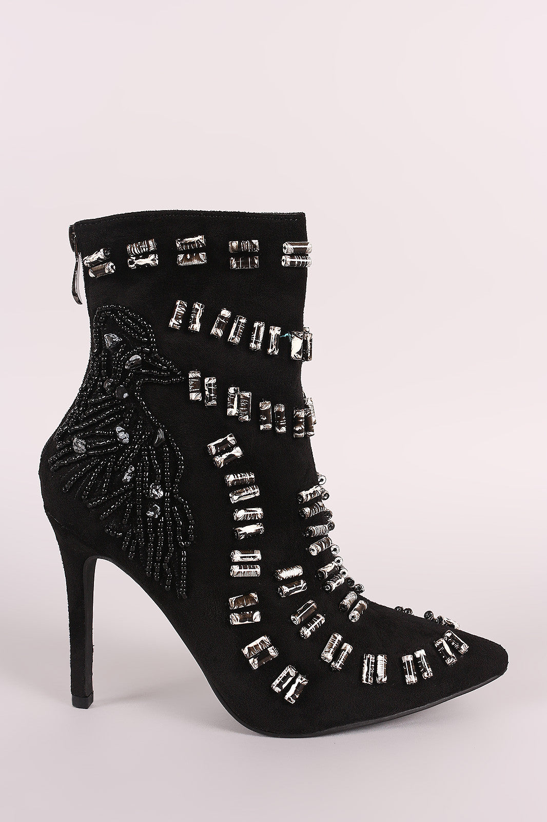 Beads Embellished Stiletto Suede Ankle Boots