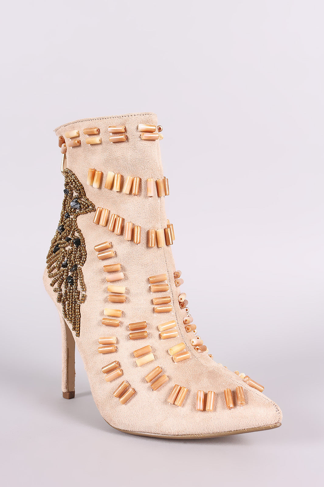 Beads Embellished Stiletto Suede Ankle Boots