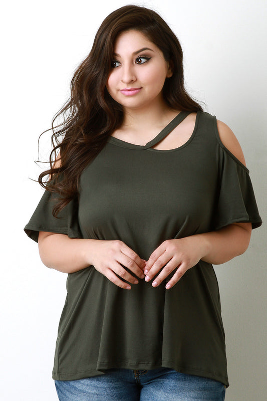 Cold Shoulder Bell Sleeves Round Neck Slit Top