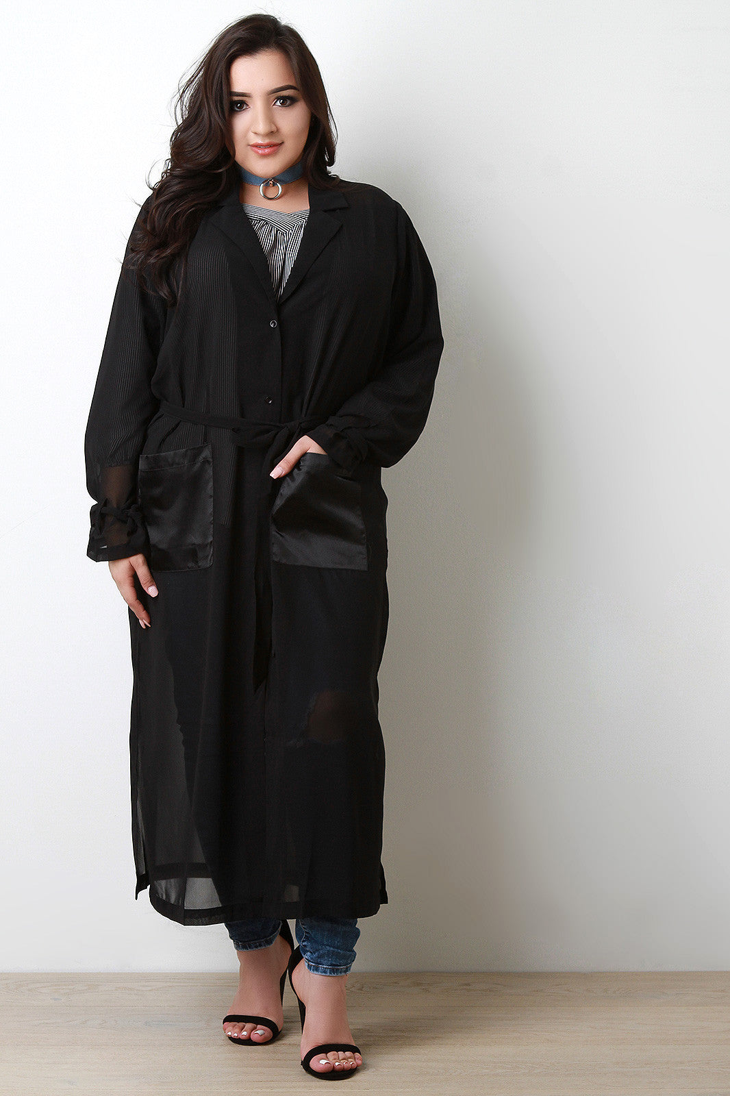 Chiffon Contrast Silk Pockets Button-Up Maxi Top