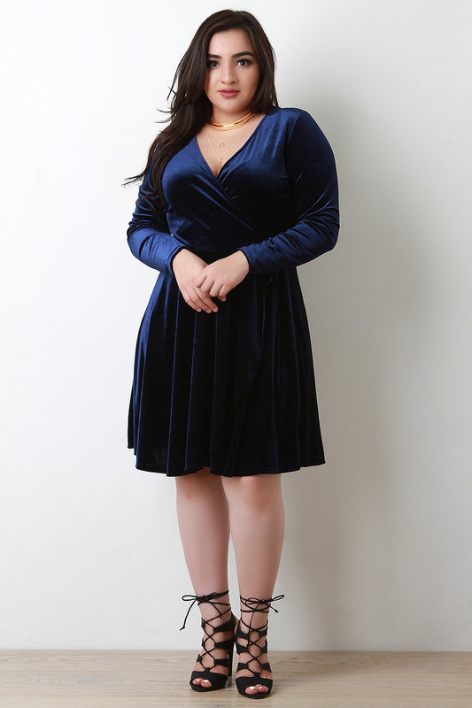 Plus Size Velvet Surplice Skater Dress