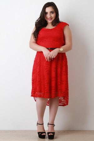 Cap Sleeve High Low Hem Lace Skater Dress