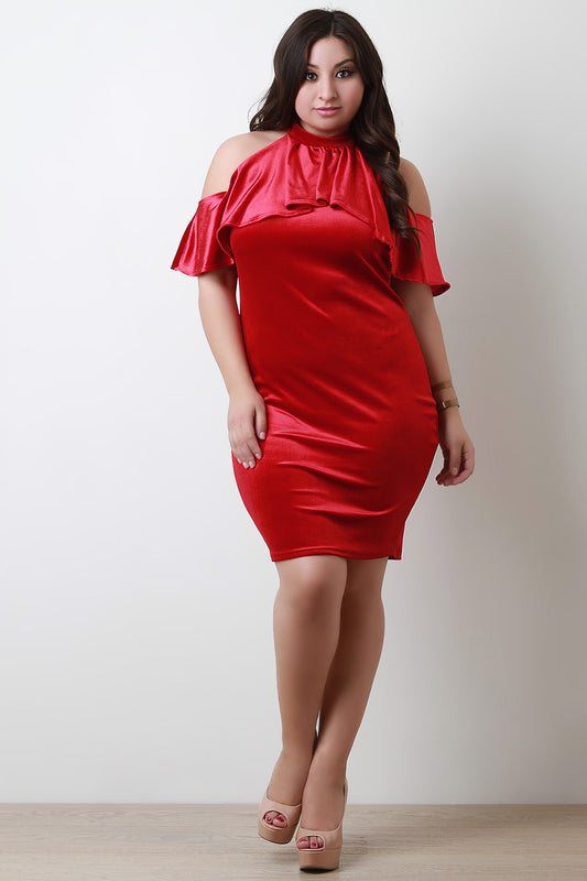 Velvet Ruffle Cold Shoulder Bodycon Dress