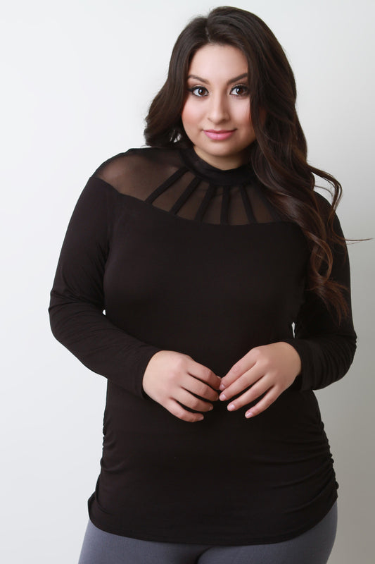 Caged Mesh Bodice Long Sleeves Top