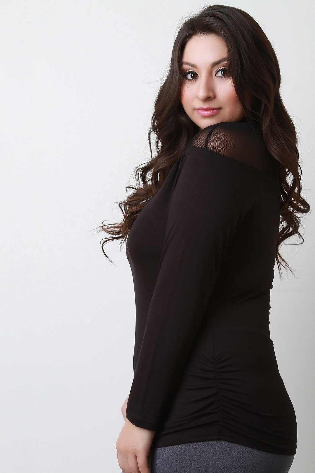 Caged Mesh Bodice Long Sleeves Top