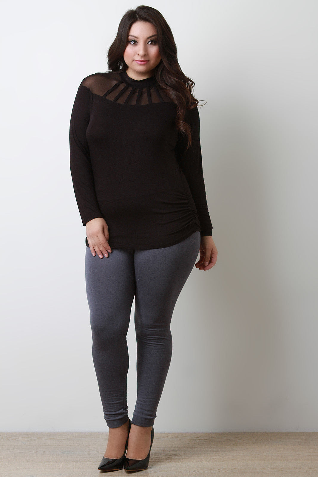 Caged Mesh Bodice Long Sleeves Top