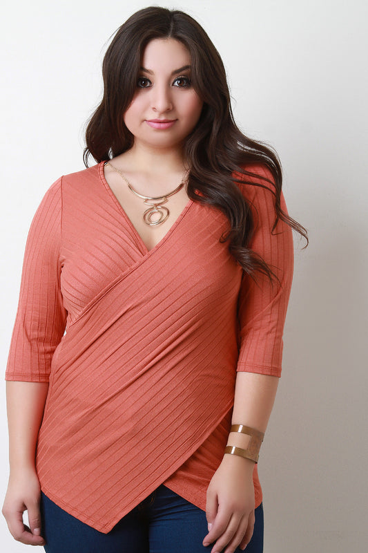 Illusion-Striped Quarter Sleeves Necklace Wrap Top