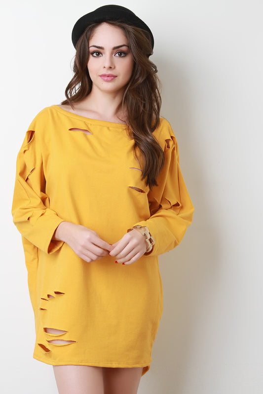 Slashed Long Dolman Sleeves Shift Mini Dress