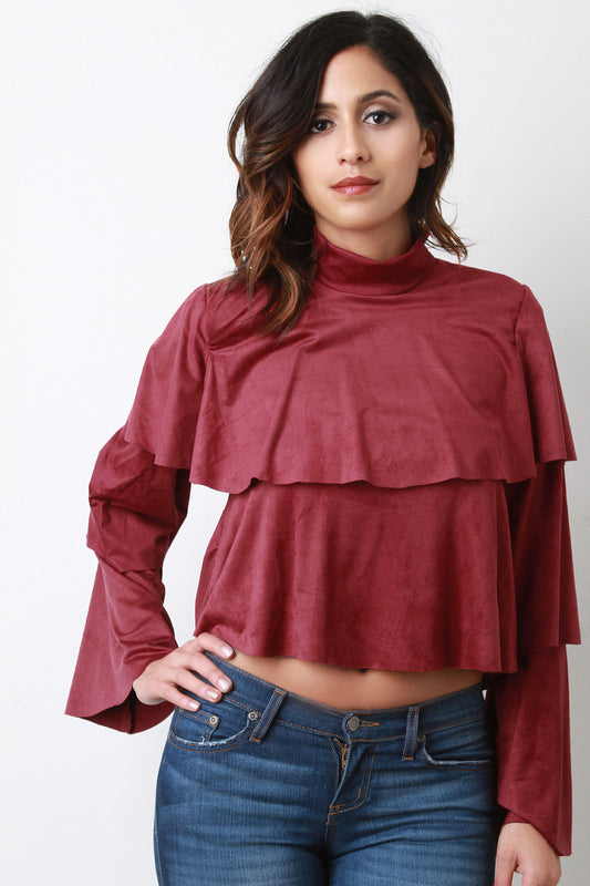 Tier Vegan Suede Bell Sleeves Crop Top