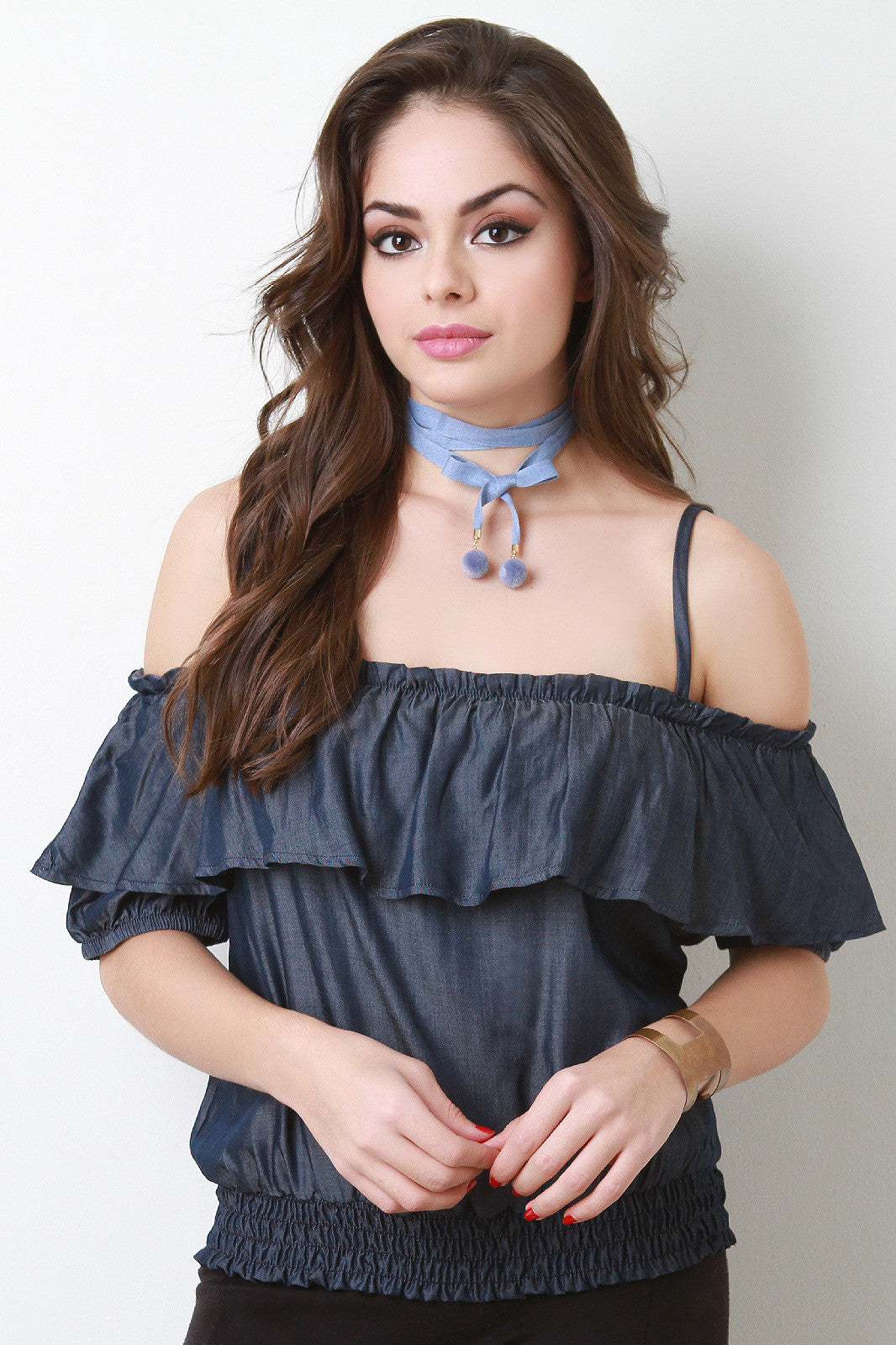 Chambray Off-The-Shoulder Ruffle Top