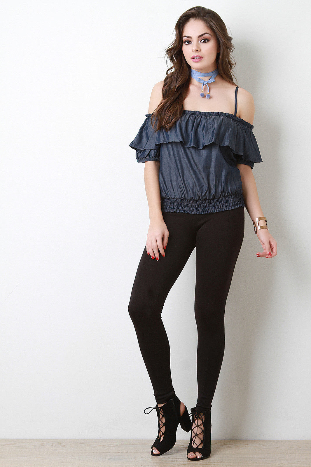 Chambray Off-The-Shoulder Ruffle Top