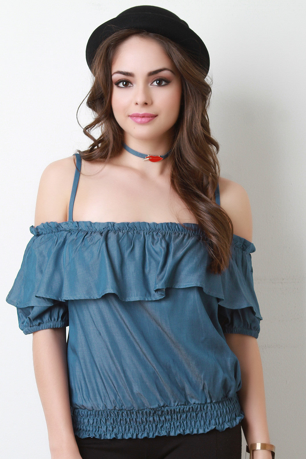 Chambray Off-The-Shoulder Ruffle Top