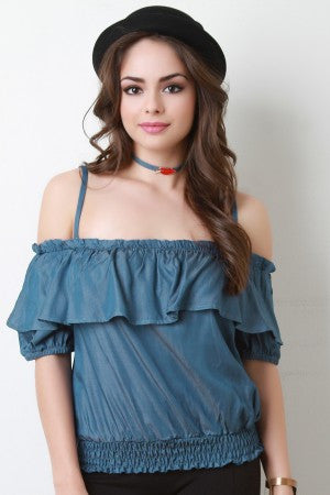 Chambray Off-The-Shoulder Ruffle Top