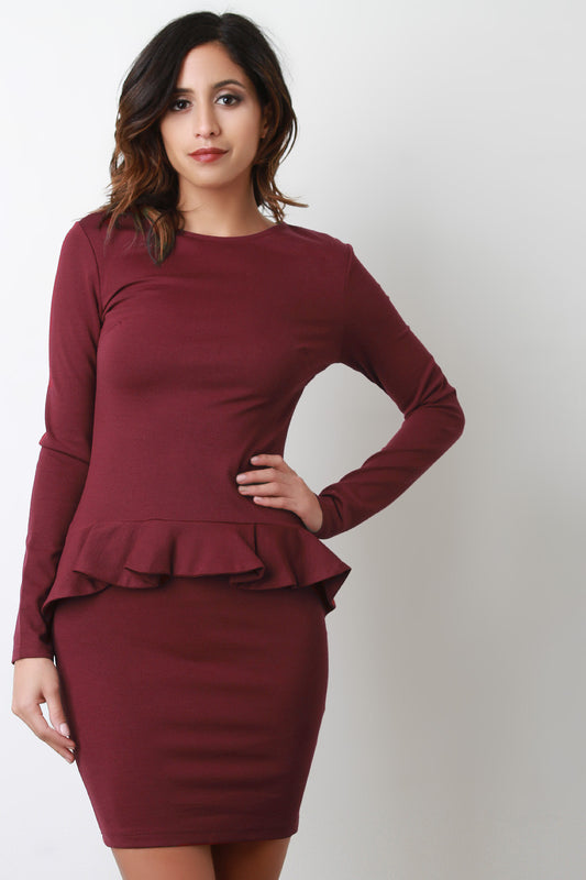 Peplum Ruffle Long Sleeve Bodycon Dress